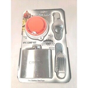 New Camillus 4 pc Camp Set Cup, 5oz Stainless Flask, Multi Tool Fork & Spoon